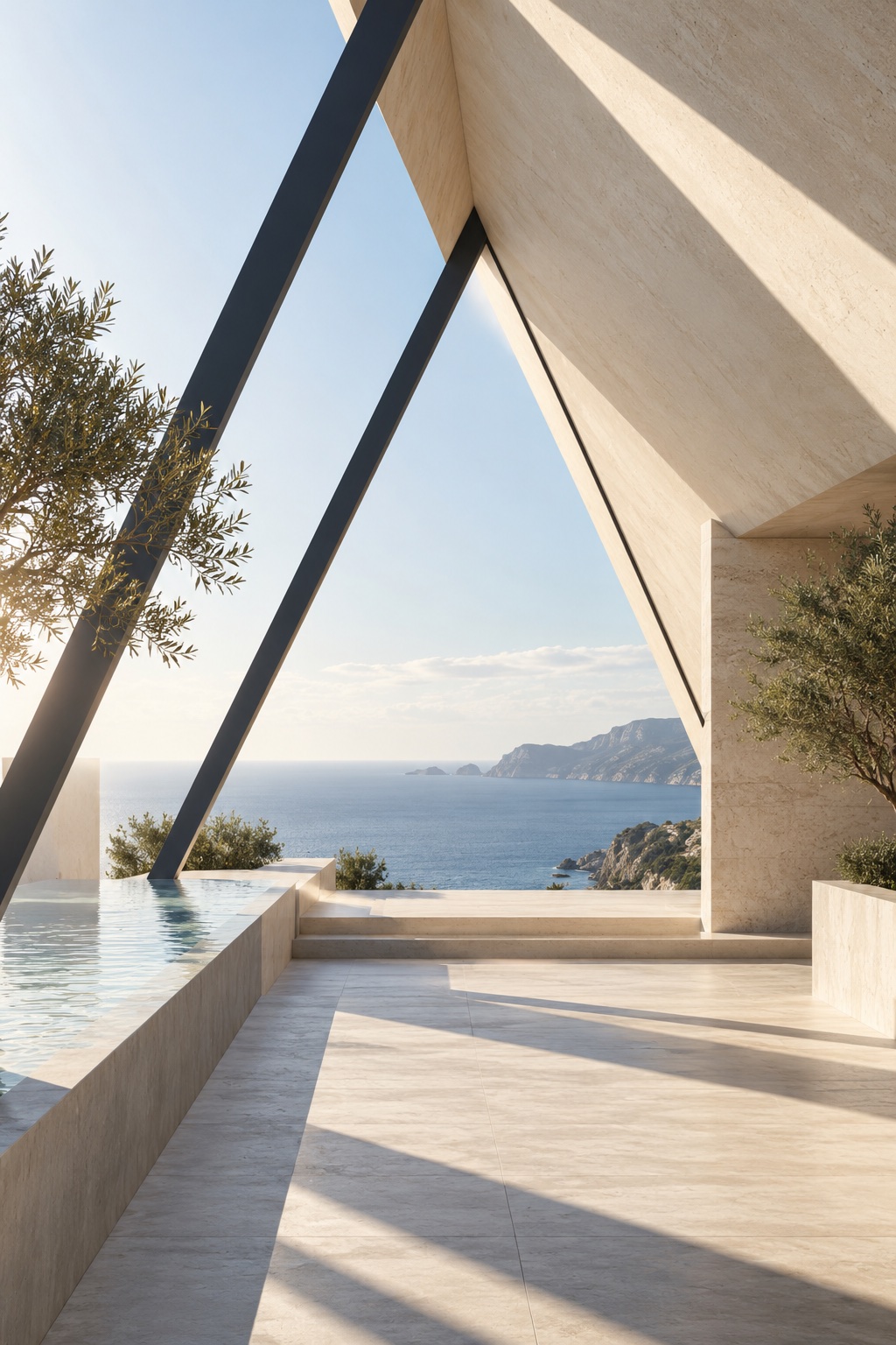 Estudio arquitectónico de planos triangulares, luz natural y horizonte marino
